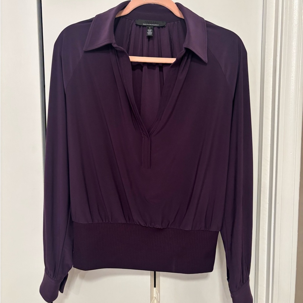 White House Black Market Deep Plum Collared V-Neck Long Sleeve Top